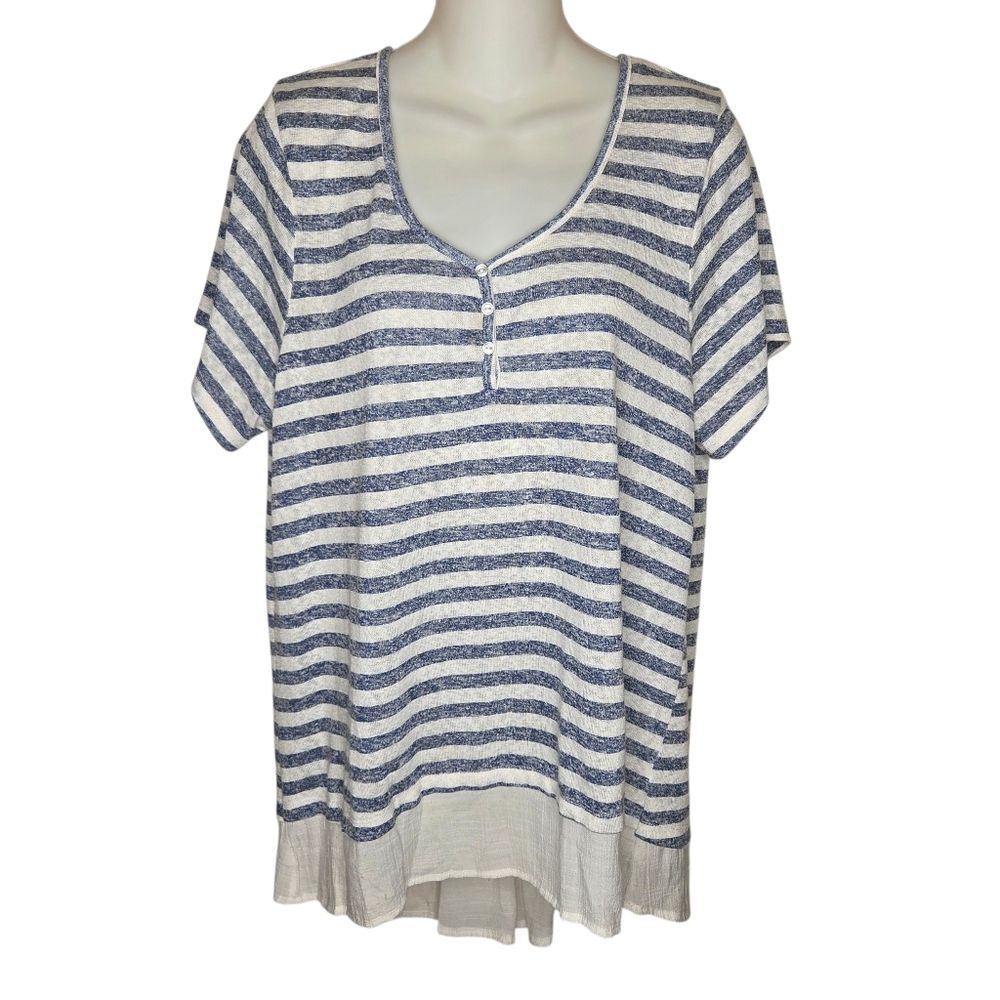 Studio B by Bobeau Stripe Open-Back Ruffle-Hem Top Shirt, Size 1X